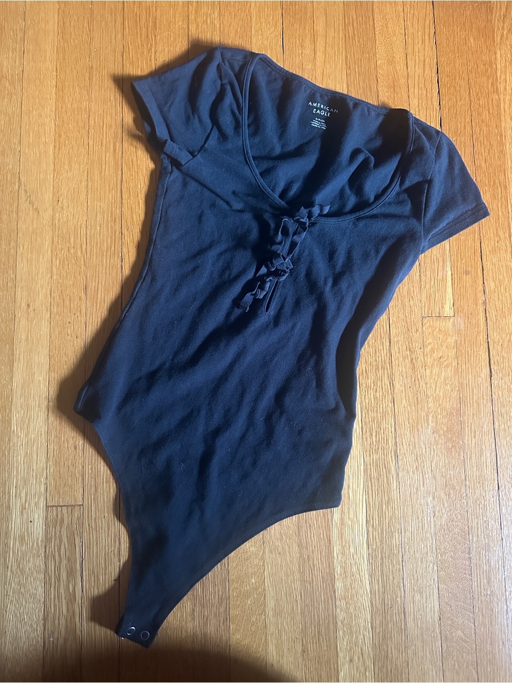 American Eagle Super Seamless Black Coquette Bow Bodysuit, Size S